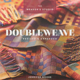 A vibrant book cover from Penguin Random House for "Doubleweave Revised & Expanded" features colorful woven fabric patterns, showcasing the intricacies of a four-shaft loom. The title is prominently displayed in white text, with the subtitle and Jennifer Moore's name in smaller print below.