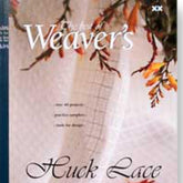 Cover of a magazine titled "Best of Weaver’s Huck Lace" by Glimakra. There are vibrant orange flowers hanging down from the top right corner, and a white woven fabric, showcasing original designs, is displayed prominently in the background.