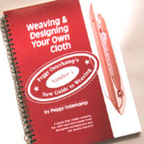 A spiral-bound book titled "Weaving & Drafting Your Own Cloth #3" by Peggy Osterkamp is shown. The cover is red with white text and features an image of a weaving tool on the right side. Published by Lease Sticks Press, this book is part of Peggy Osterkamp's renowned weaving series and serves as the "New Guide to Weaving.