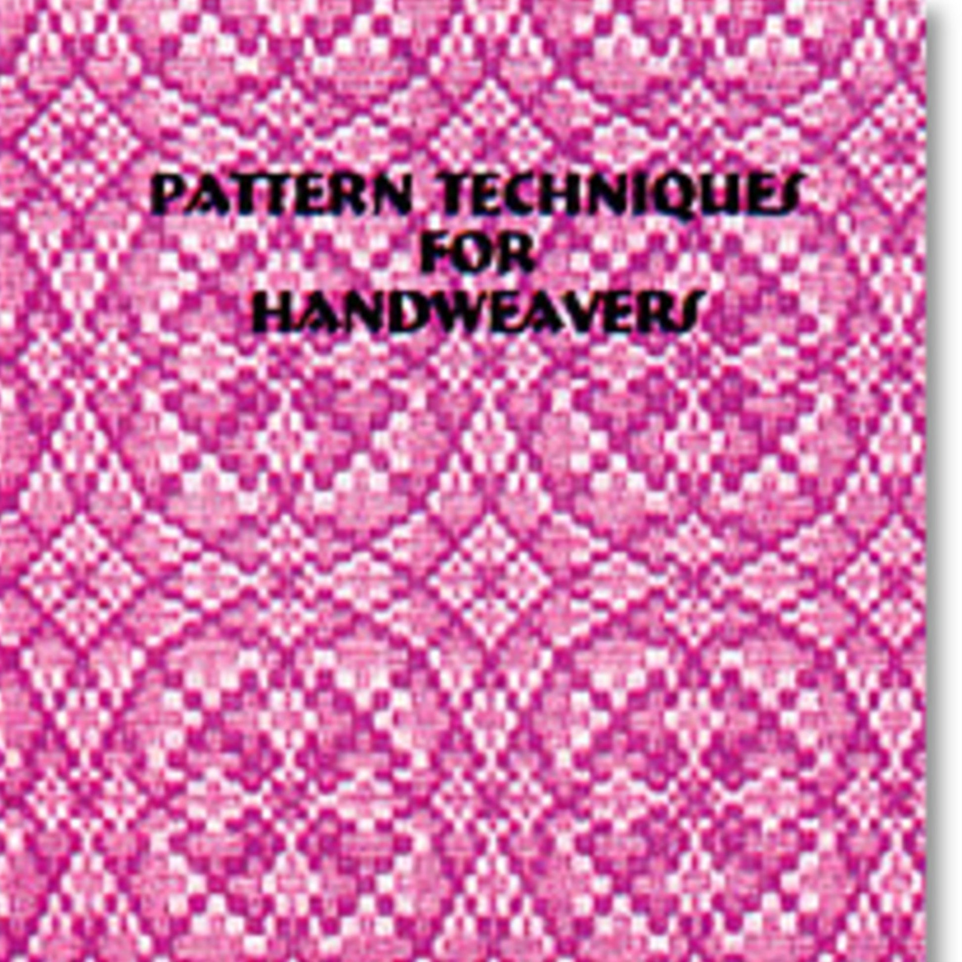 A Glimakra book cover with a pink and purple intricate woven pattern background showcasing geometric shapes. The title "Pattern Technique for Handweavers" is centered at the top in bold black font, making it ideal for weavers looking to master loom-controlled patterns.