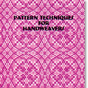 A Glimakra book cover with a pink and purple intricate woven pattern background showcasing geometric shapes. The title "Pattern Technique for Handweavers" is centered at the top in bold black font, making it ideal for weavers looking to master loom-controlled patterns.