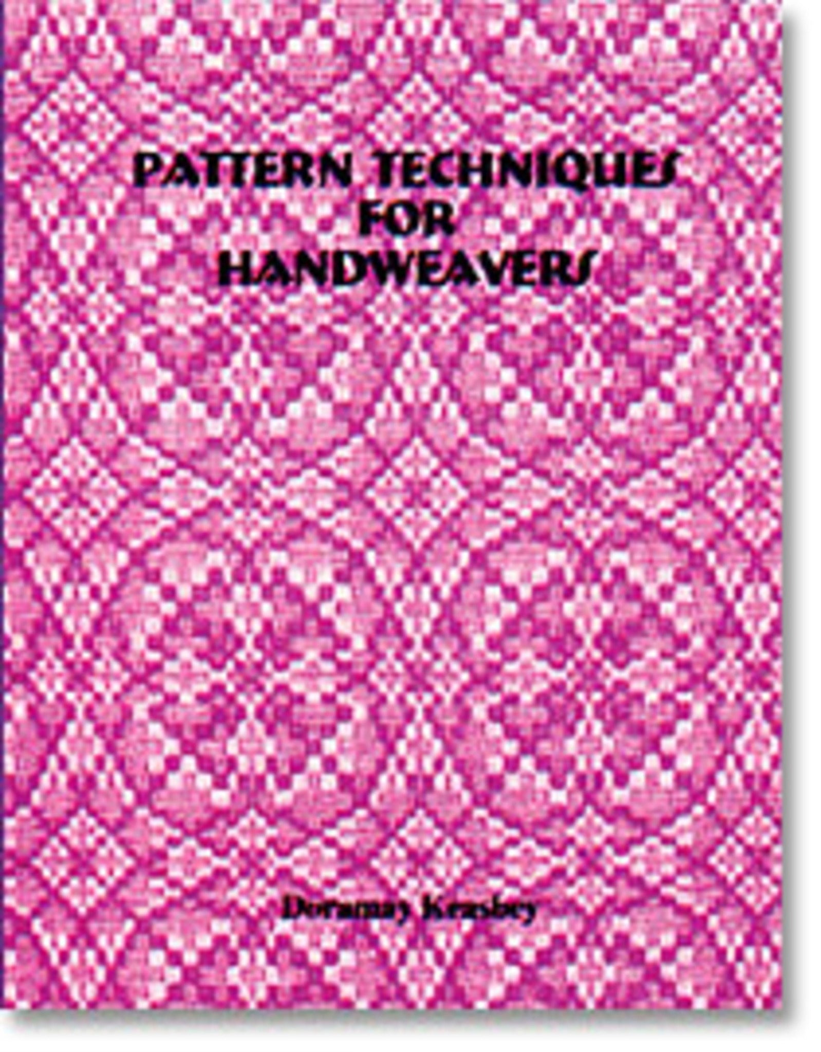 Glimakra's "Pattern Technique for Handweavers" by Doramay Keasbey features a book cover set against a richly detailed pink and purple woven pattern that resembles an elaborate tapestry with geometric and floral motifs. The title text stands out in bold, black capitalized font, making it an ideal resource for weavers keen on exploring loom-controlled patterns.