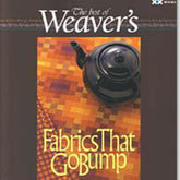 A book cover titled "Best of Weaver's Fabrics That Go Bump" by Glimakra features an image of a black kettle on a textured, multicolored fabric background, emphasizing unique cell weaves.