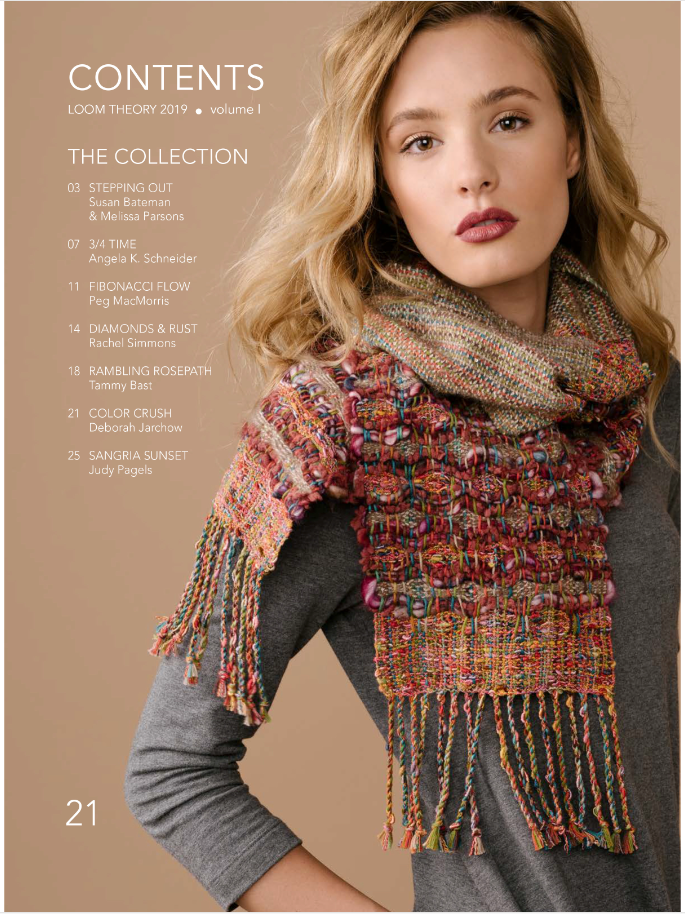 A woman wearing a vibrant, textured scarf over a gray top looks towards the camera. The scarf showcases an artistic blend of yarns adorned with tassels. On the left, text introduces "Handwoven Loom Theory - Rigid Heddle Scarf Collection 2019," an eBook printed copy by Long Thread Media, which explores a range of weaving patterns and designs.