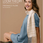 A woman in a blue dress sits on a stool, smiling and looking at the camera. She is wearing a white, fringed scarf from the Handwoven Loom Theory - Rigid Heddle Scarf Collection 2019 by Long Thread Media. The text reads "Fibonacci Flow - Peg MacMorris.