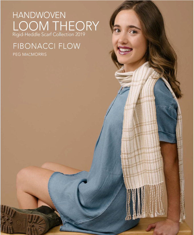 A woman in a blue dress sits on a stool, smiling and looking at the camera. She is wearing a white, fringed scarf from the Handwoven Loom Theory - Rigid Heddle Scarf Collection 2019 by Long Thread Media. The text reads "Fibonacci Flow - Peg MacMorris.