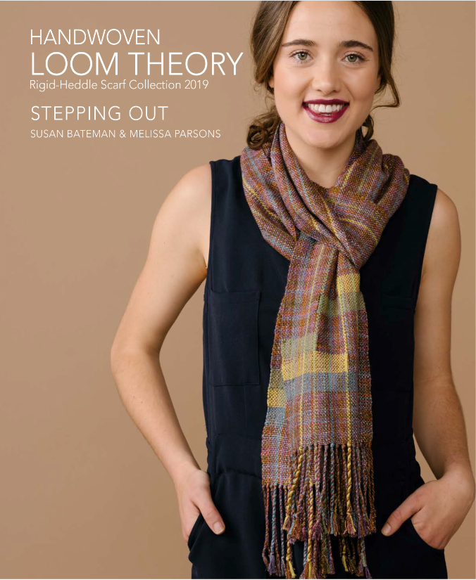 A woman with long hair smiles as she wears a colorful handwoven scarf featuring shades of purple, yellow, and blue over a sleeveless navy jumpsuit. Text on the image reads: "Long Thread Media: Handwoven Loom Theory - Rigid Heddle Scarf Collection 2019" and "Stepping Out Susan Bateman & Melissa Parsons.