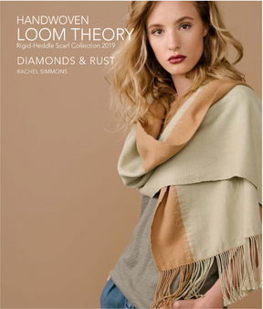 A woman wearing a two-toned scarf with fringe detailing poses with a neutral expression. Text reads: "Long Thread Media presents the Handwoven Loom Theory: Rigid-Heddle Scarf Collection 2019, Diamonds & Rust by Rachel Simmons.