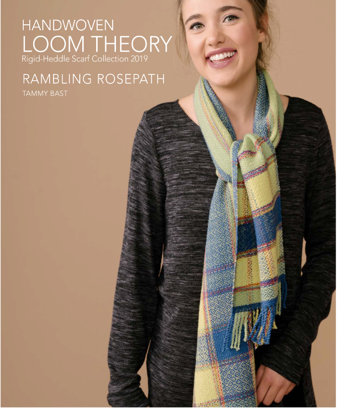 A smiling individual wearing a long-sleeve dark shirt and a multicolored, handwoven scarf. The text on the image reads, "Handwoven Loom Theory by Long Thread Media - Rigid Heddle Scarf Collection 2019 - Rambling Rosepath by Tammy Bast.