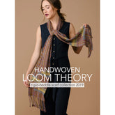 A woman wearing a black, sleeveless dress is modeling a colorful, handwoven scarf draped around her neck. The text on the image reads: "Long Thread Media - Handwoven Loom Theory: Rigid Heddle Scarf Collection 2019 - eBook Printed Copy." She poses in front of a plain, beige background.