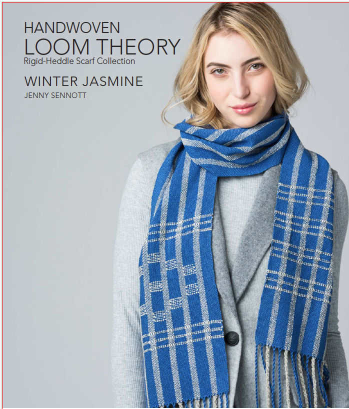 A person wearing a gray coat and a blue plaid scarf stands in front of a gray background. The text reads "LONG THREAD MEDIA: Handwoven Loom Theory Vol III - Rigid-heddle Scarf Collection, highlighting exquisite weaving techniques showcased in the eBook printed copy.