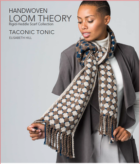 A person is adjusting a checkered scarf in shades of brown, gray, and cream with intricate weaving patterns and fringed ends. They are dressed in a gray outfit. The text reads "Long Thread Media: Taconic Tonic from Handwoven Loom Theory Vol III - Rigid-heddle scarf collection by Elisabeth Hill.