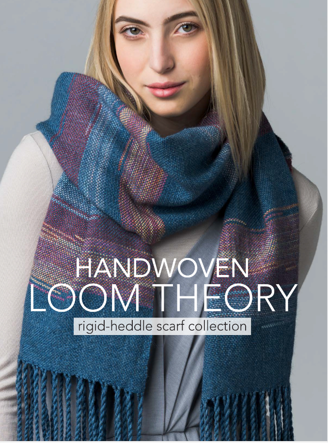 A person wearing a thick, handwoven scarf in various shades of blue and pink appears against a plain gray background. Text on the image reads, "Handwoven Loom Theory Vol III" from the Rigid-heddle Scarf Collection by Long Thread Media.