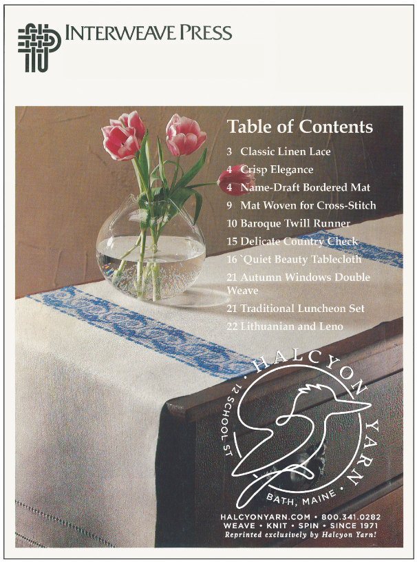 A magazine cover showcasing the *Handwoven Design Collection #11, Heirloom Table Linens* eBook (Printed version) by Long Thread Media, featuring a vase of red and white flowers on a woven tablecloth. The table of contents highlights diverse fabric and weaving projects, with the Halcyon Yarn logo at the bottom.