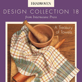 Cover of *Handwoven Design Collection #18 - A Treasury of Towels* from Long Thread Media, showcasing a handmade plaid towel alongside a wooden rolling pin, and a mortar and pestle set on a wooden surface. The background is purple with white and yellow text.