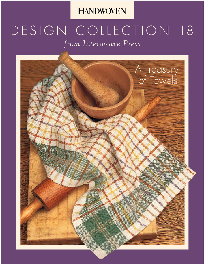 A woven towel featuring a plaid pattern in earthy tones is elegantly displayed over a rolling pin and a wooden mortar accompanied by a pestle, all set on a wooden surface. The cover text states: "Handwoven Design Collection #18, A Treasury of Towels eBook (Printed version) by Long Thread Media.