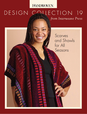 A woman wearing a vibrant woven shawl stands smiling against a beige background. The text reads "Handwoven Design Collection #19, Scarves and Shawls for All Seasons" by Long Thread Media. The cover features a reddish-brown border.