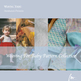 A promotional image for Long Thread Media showcasing the "Handwoven Design Collection - Weaving for Baby - eBook printed copy." The image features a baby in a red and white dress, surrounded by various colorful woven fabrics and blankets. The "fw" logo appears in the bottom right corner.