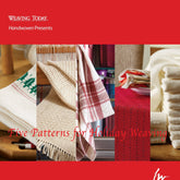 A collage of holiday-themed woven items on a red background, titled "Handwoven Design Collection - Five Patterns for Holiday Weaving," by Long Thread Media. The woven items include a Christmas tree design, textured cream fabric, red-checked cloth, red fabric, and cream fabric with a matching napkin set.