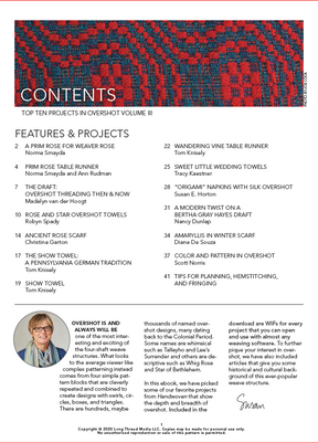 Contents page of the publication "Best of Handwoven, Top Ten Projects in Overshot Vol III" by Long Thread Media, showcasing the top ten weaving projects using 4-shaft overshot. It includes project titles and authors like "Prim Rose Table Runner" and "Betsy Baby Blanket." Additionally, a letter from Susan H. Porter introduces the issue.