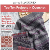 Cover of "Best of Handwoven, Top Ten Projects in Overshot Vol III eBook (Printed version)" by Long Thread Media, showcasing woven textiles with gray, burgundy, and purple patterns. The text highlights features like napkins, runners, scarves, towels, and includes bonus articles on design techniques.