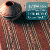 A woven textile pattern book cover titled "Best of Handwoven New Technique Series: Rigid Heddle Pattern Book 1," available as an eBook in its printed version by Long Thread Media. The image showcases weaving techniques with a textured red and beige rug, complemented by a decorative pot on a coarse surface.