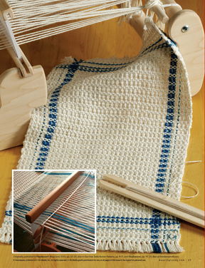 A detailed view of a weaving loom showcases an intricate work of white fabric adorned with blue patterns in progress. The loom holds a wooden shuttle poised for the next step, while an inset reveals yarns expertly threaded through the heddles. Discover more about this craft in Long Thread Media's "Best of Handwoven, Rigid Heddle Technique & Pattern Book 3," available as an eBook or printed version.