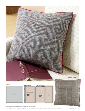 A gray woven pillow with a textured finish and red edges rests on a white chair. Nearby, sits the "Best of Handwoven, Rigid Heddle Technique & Pattern Book 3" from Long Thread Media, its purple cover adorned with a red bookmark. Below is an illustration detailing the layout and seam construction of the pillow.