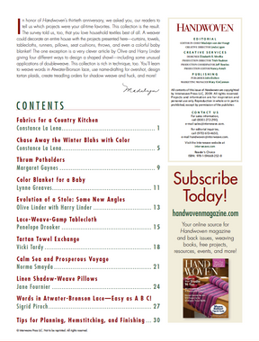 A page from Best of Handwoven, Reader's Choice: Top Ten Projects from 30 Years of Handwoven, an eBook by Long Thread Media, highlights its special 30th-anniversary edition. It features a table of contents with topics such as potholders, household textiles, weaving techniques, and tips. The page also includes a letter to readers, subscription information, and an image of the Handwoven magazine cover.