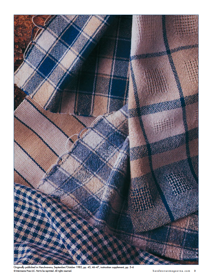 Here's a visual exploration of the "Best of Handwoven, Reader's Choice: Top Ten Projects from 30 Years of Handwoven" ebook by Long Thread Media. This collection showcases an array of coordinated knitted fabrics in various plaid and checkered designs, featuring a palette of blue, beige, and pink arranged in overlapping layers. These fabrics are perfect for any household textile project you have in mind.