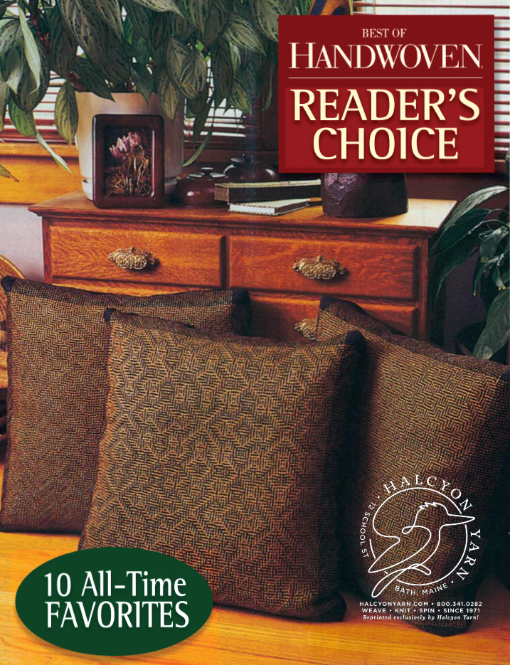 Three textured pillows are arranged on a wooden bench, complemented by wooden decor, houseplants, and natural light. A "Reader's Choice" award graphic proudly displays the phrase "10 All-Time Favorites" alongside the Long Thread Media logo. These designs showcase exquisite weaving techniques in household textiles featured in the Best of Handwoven: Reader's Choice - Top Ten Projects from 30 Years of Handwoven eBook (Printed version).