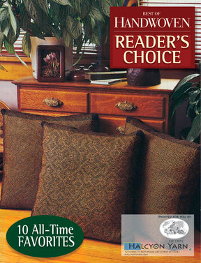 A magazine cover titled "Best of Handwoven, Reader's Choice: Top Ten Projects from 30 Years of Handwoven" by Long Thread Media displays three woven pillows in front of a wooden desk. A green label announces "10 All-Time Favorites." In the bottom right corner, there is an advertisement for yarn.