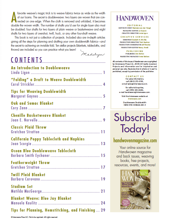 Explore the world of handwoven textiles in Long Thread Media's contents page of the "Best of Handwoven, Doubleweave, Doublewidth!" eBook (Printed version). It includes a letter from the editor and a subscription ad. Delve into techniques like doubleweave and embark on projects such as blankets, napkins, and swatches. A small cover image at the bottom offers a preview of what's inside.