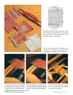 A magazine page from Long Thread Media features the "Best of Handwoven, Doubleweave, Doublewidth!" printed eBook, highlighting textiles, tools, and diagrams for weaving. Several handwoven coasters are displayed in various patterns and colors, accompanied by illustrations and instructions on techniques such as doubleweave and layering. A hand is depicted manipulating a loom tool.