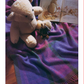 A large teddy bear and a small toy rabbit sit on a purple plaid blanket, crafted with the intricate patterns from the "Best of Handwoven, Doubleweave, Doublewidth!" eBook by Long Thread Media. An open storybook lies nearby, featuring charming illustrations of the teddy bear and rabbit.