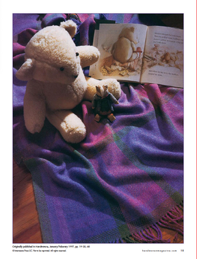 A large teddy bear and a small toy rabbit sit on a purple plaid blanket, crafted with the intricate patterns from the "Best of Handwoven, Doubleweave, Doublewidth!" eBook by Long Thread Media. An open storybook lies nearby, featuring charming illustrations of the teddy bear and rabbit.