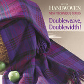 A vibrant plaid woven blanket in shades of purple, pink, and green is draped over a wicker basket. Two green apples rest nearby. The text reads, "Long Thread Media: Best of Handwoven, Doubleweave, Doublewidth!