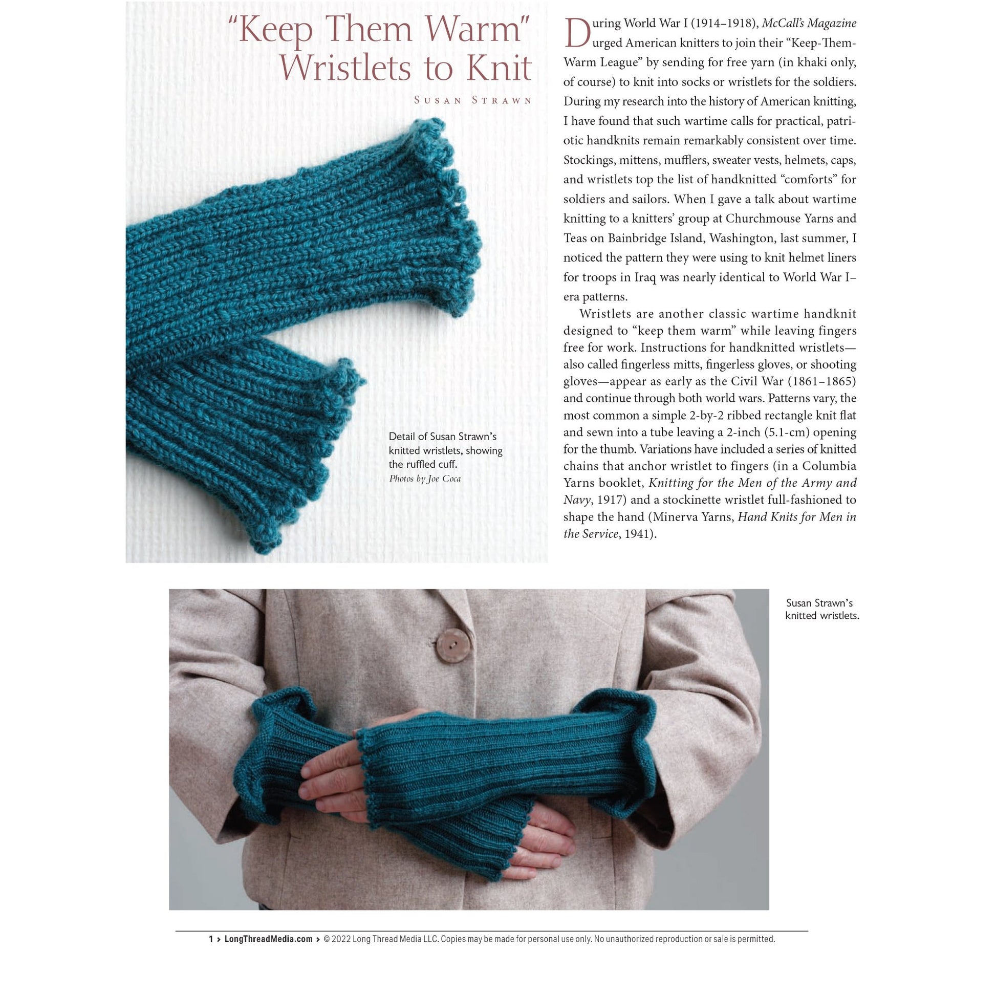 A magazine page presenting knitting instructions for the "Keep Them Warm" wristlets, featured in the Long Thread Media's "PieceWork Presents: Fingerless Mitts for All Seasons – eBook printed copy." The page includes a photo of blue knitted wristlets, a close-up detail of the wristlet's ruffled edge, and a person wearing the wristlets. The text provides historical context and detailed knitting instructions.