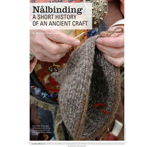 A person holding a piece of nalbinding, an ancient textile craft, against a backdrop rich with colorful, decorative fabric and accessories. The image is captioned with the title "PieceWork Presents: Nålbinding Collection: Explore an Ancient Yarn Craft – eBook printed copy" by Long Thread Media.