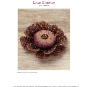 A beaded lotus blossom pincushion crafted by Ana Garcia. This intricately designed pincushion features carefully arranged petals in shades of deep red and purple, with pins elegantly positioned in the center. A caption reads: "Ana Garcia's Beaded Lotus Blossom Pincushion from Long Thread Media's eBook 'PieceWork Presents: Pincushions 5 New Pincushion Designs to Bead, Crochet, Tat, Cross-Stitch, and Appliqué.'