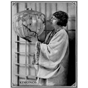 A woman in a traditional kimono holds a large, intricately designed paper lantern adorned with floral and bird motifs. She stands before a wooden screen, gazing contemplatively at the lantern. The border of the image is ornate, and at the bottom, it prominently features "PieceWork Presents: 7 Captivating Kimonos from 1918 to Crochet eBook – eBook printed copy" by Long Thread Media.