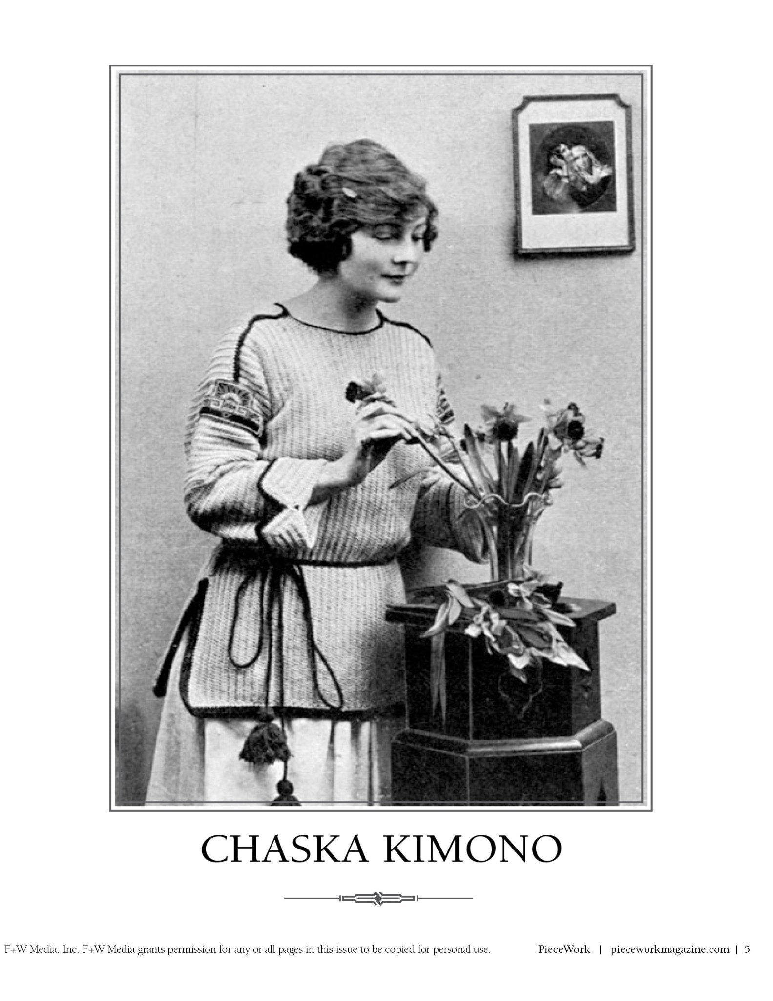 A black and white vintage photograph features a woman arranging flowers in a pot on a small table beside her. She is wearing an intricately detailed knitted sweater, with a framed picture hanging on the wall behind her. The text reads "PieceWork Presents: 7 Captivating Kimonos from 1918 to Crochet eBook – eBook printed copy," by Long Thread Media.