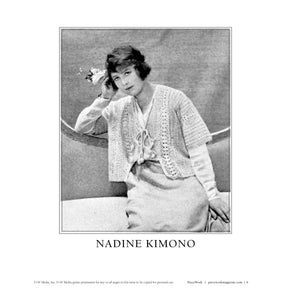 A black and white vintage image of a woman wearing a crochet kimono-style cardigan. She is seated and holding a flower to her ear, looking contemplatively at the camera. The text below reads "PieceWork Presents: 7 Captivating Kimonos from 1918 to Crochet eBook – eBook printed copy" by Long Thread Media.