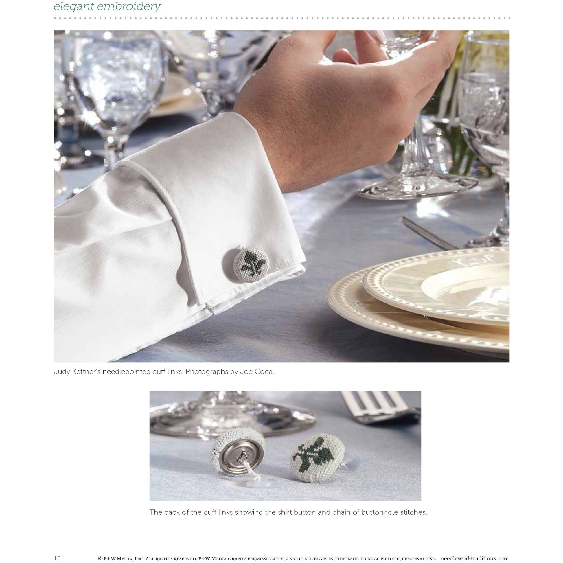 A detailed close-up image features a person's left sleeve, highlighting an embroidered cuff link adorned with a green tree design. The setting is an elegantly arranged dining table complete with fine silverware, glassware, and a pristine white tablecloth. Below, there is an intricate shot of the cuff link and button chain. This captures the craftsmanship you can learn from "Elegant Embroidery with 5 Beautiful Projects to Stitch" by Long Thread Media – available as an eBook printed copy.