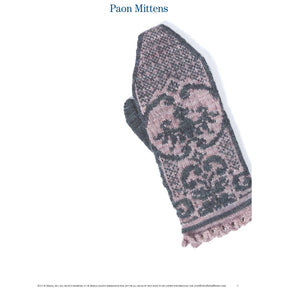 A single knit mitten is displayed with an intricate decorative pattern. The mitten, primarily gray with light purple accents, features a floral motif and is part of the "PieceWork Presents: 4 Glorious Mittens to Knit – eBook printed copy" collection by Long Thread Media.