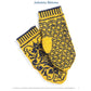 A pair of yellow and blue knitted mittens, labeled "PieceWork Presents: 4 Glorious Mittens to Knit – eBook printed copy" by Long Thread Media, at the top. The mittens feature intricate, symmetrical patterns and designs. One mitten is shown palm up and the other palm down, displaying different parts of the pattern.