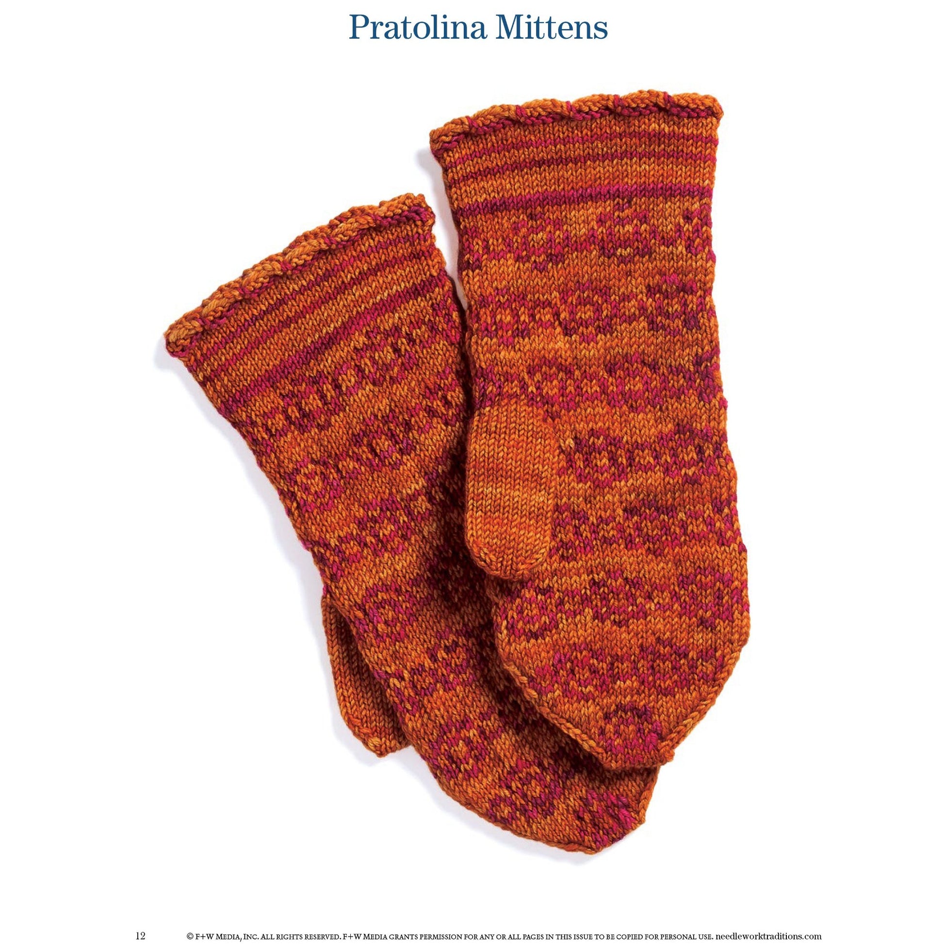 A pair of knitted mittens from the PieceWork Presents: 4 Glorious Mittens to Knit – eBook printed copy by Long Thread Media, featuring a colorful pattern in vibrant shades of orange, red, and purple, placed side by side against a white background.