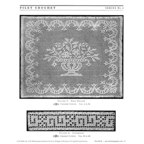 A black and white image displays two crochet patterns featured in "PieceWork Presents: Filet Crochet with Instructions Series No. 2" by Long Thread Media. The top pattern (Figure 5) is a detailed, intricate filet crochet design labeled "Sofa Pillow," while the bottom pattern (Figure 6) shows a decorative crochet insertion piece with geometric designs.