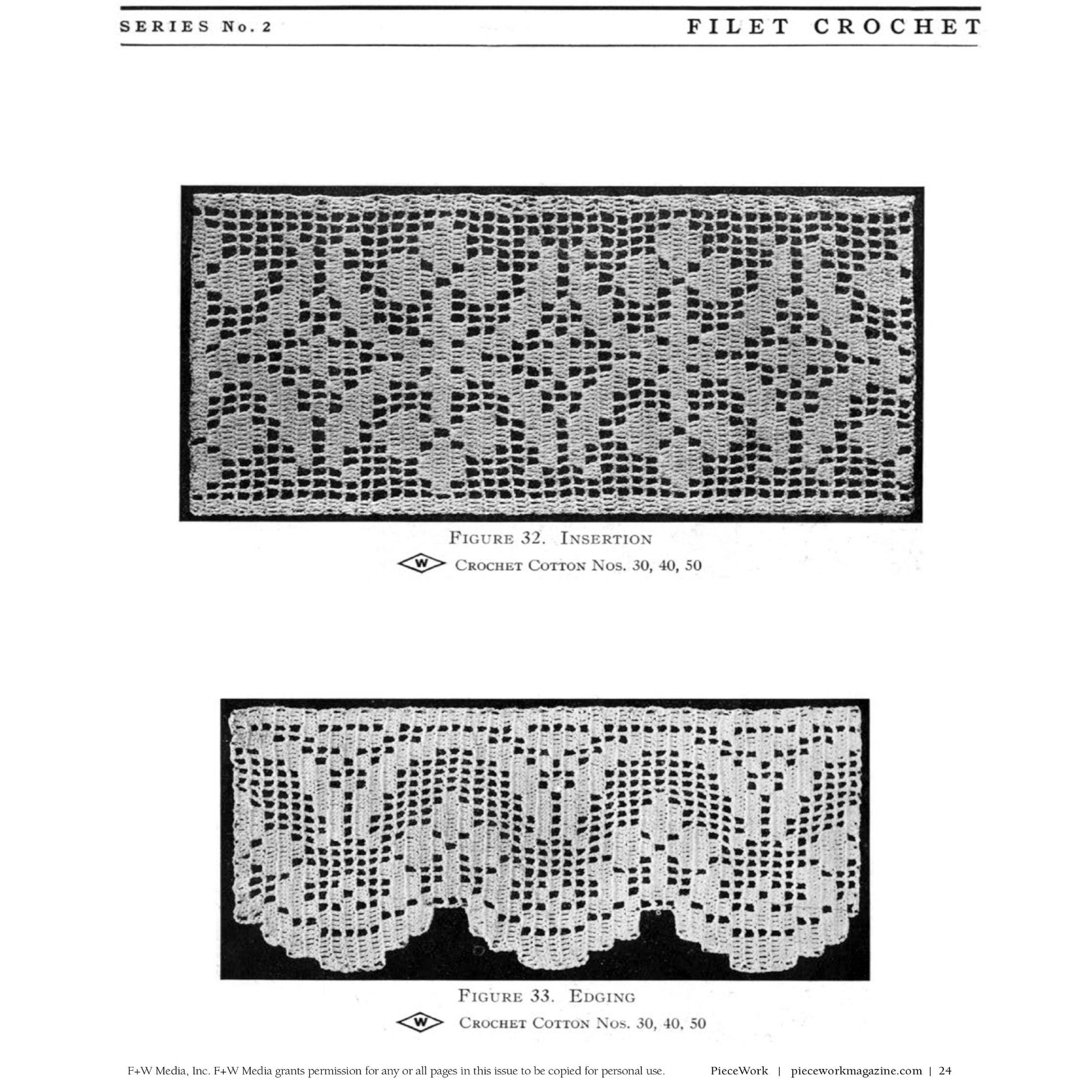 A black-and-white illustration featuring two crochet patterns from the *PieceWork Presents: Filet Crochet with Instructions Series No. 2* eBook by Long Thread Media. The top pattern is labeled "Insertion," showcasing a floral and geometric design, while the bottom pattern is labeled "Edging," featuring a scalloped lace-like design.