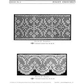 A black-and-white illustration featuring two crochet patterns from the *PieceWork Presents: Filet Crochet with Instructions Series No. 2* eBook by Long Thread Media. The top pattern is labeled "Insertion," showcasing a floral and geometric design, while the bottom pattern is labeled "Edging," featuring a scalloped lace-like design.